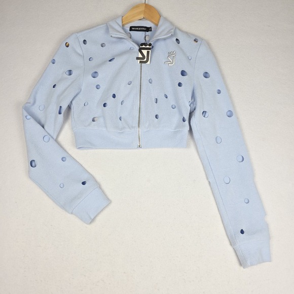 Sweaters - NWT Shane Justin Women Cropped Light Sweater Jacket XL Blue Soft Holes Zipper